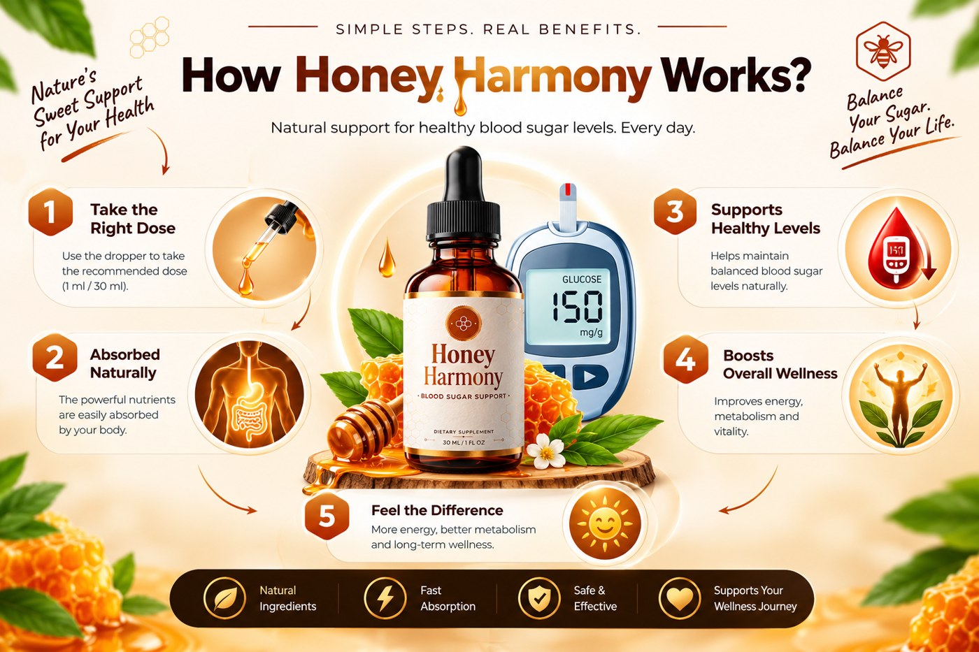 HoneyHarmony five-step how it works: take the right dose, absorbed naturally, supports healthy levels, boosts overall wellness, feel the difference